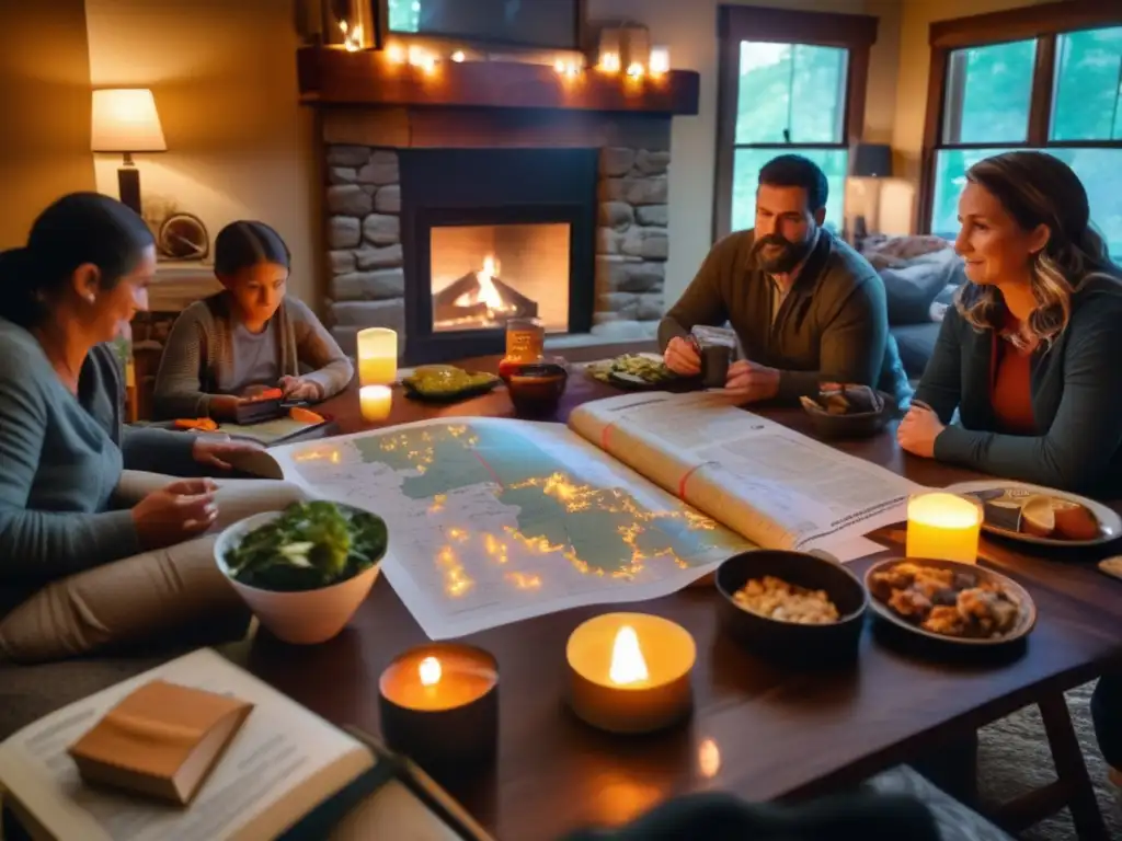 A cinematic image of a family preparing for an extended power outage in a dimly lit living room