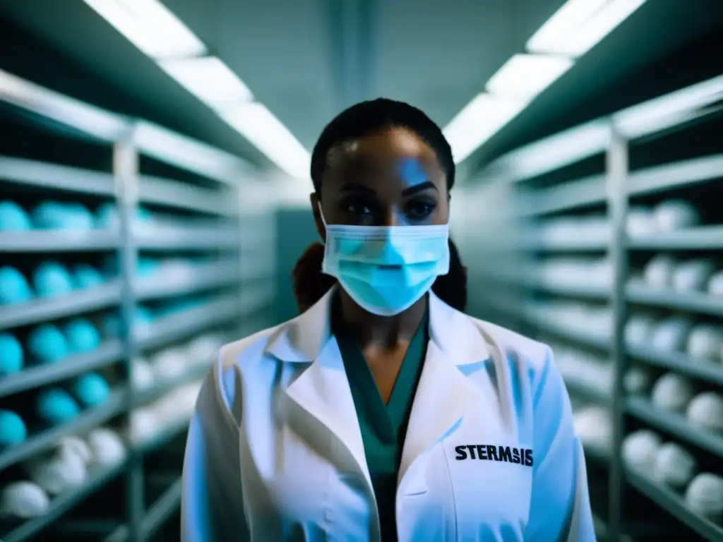 A woman in a white lab coat stands before a line of face masks in a sterile room, casting a solemn gaze at the seriousness of the current situation