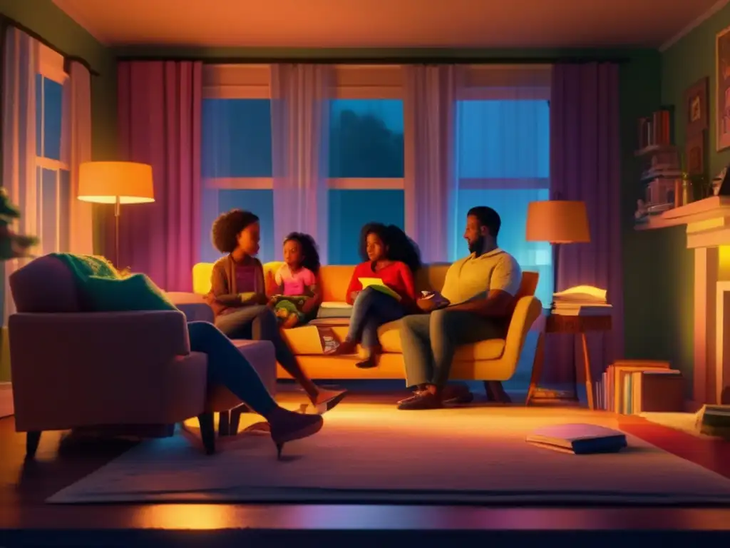 A family huddles close in their cozy living room, bathed in soft fluorescent light