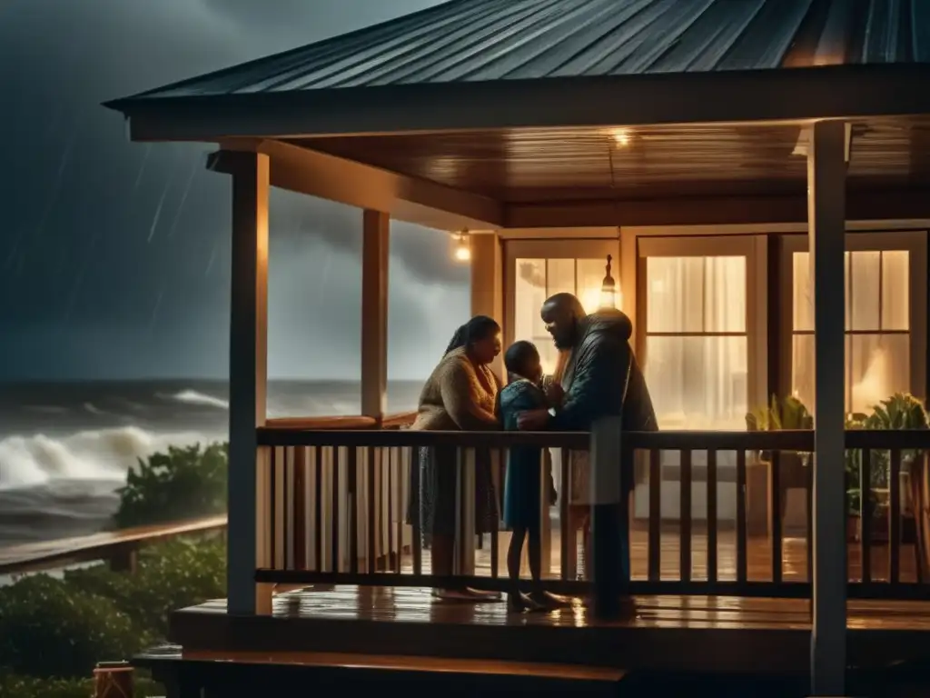 A family hugs tight during a hurricane, their faces etched with concern as rain pours in torrents and fierce winds howl outside, praying for safety and unity in the face of adversity