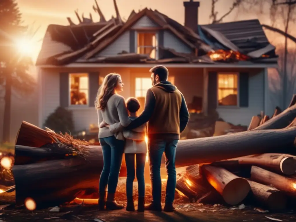 A devastated family embraces with hope, their sunlit home surrounded by fallen trees and scattered damage