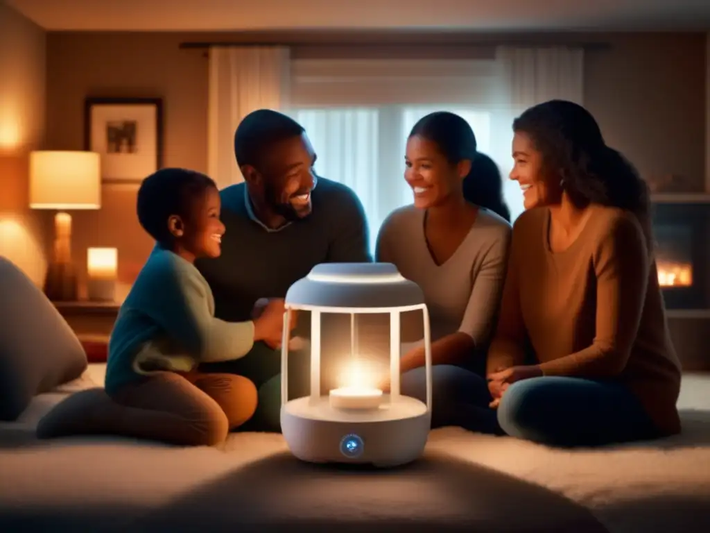 A cozy family holds hands, standing resilient in the glow of a hurricane lamp, amidst a hurricane kit and blurred background