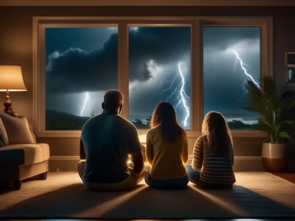 A family in prayer during a tumultuous hurricane, with dim lighting and a warm light streaming in from behind them