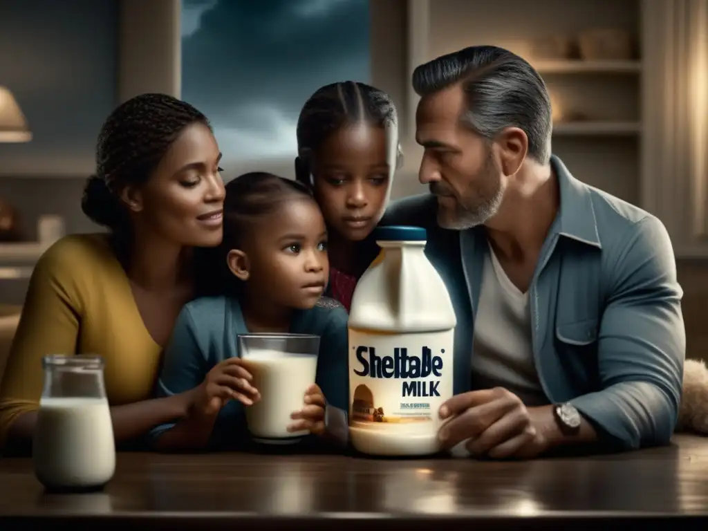 A family huddled together during a hurricane, showing the comforting power of having a carton of shelf-stable milk on hand