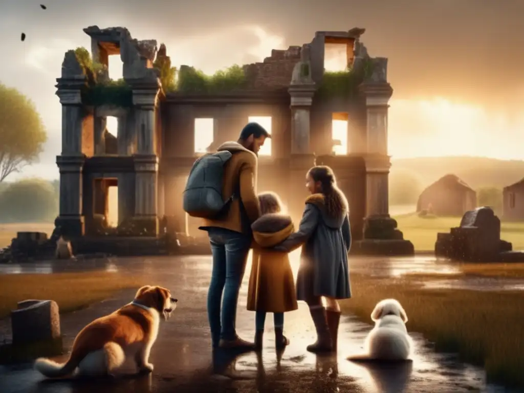 In the aftermath of a storm, a family embraces their furry love as raindrops kiss their skin and sunbeams illuminate the ruins of their destroyed home