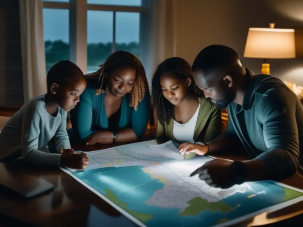 A family gathers around a table in a dimly lit room, map of their town spread out before them as they discuss their emergency communication plan