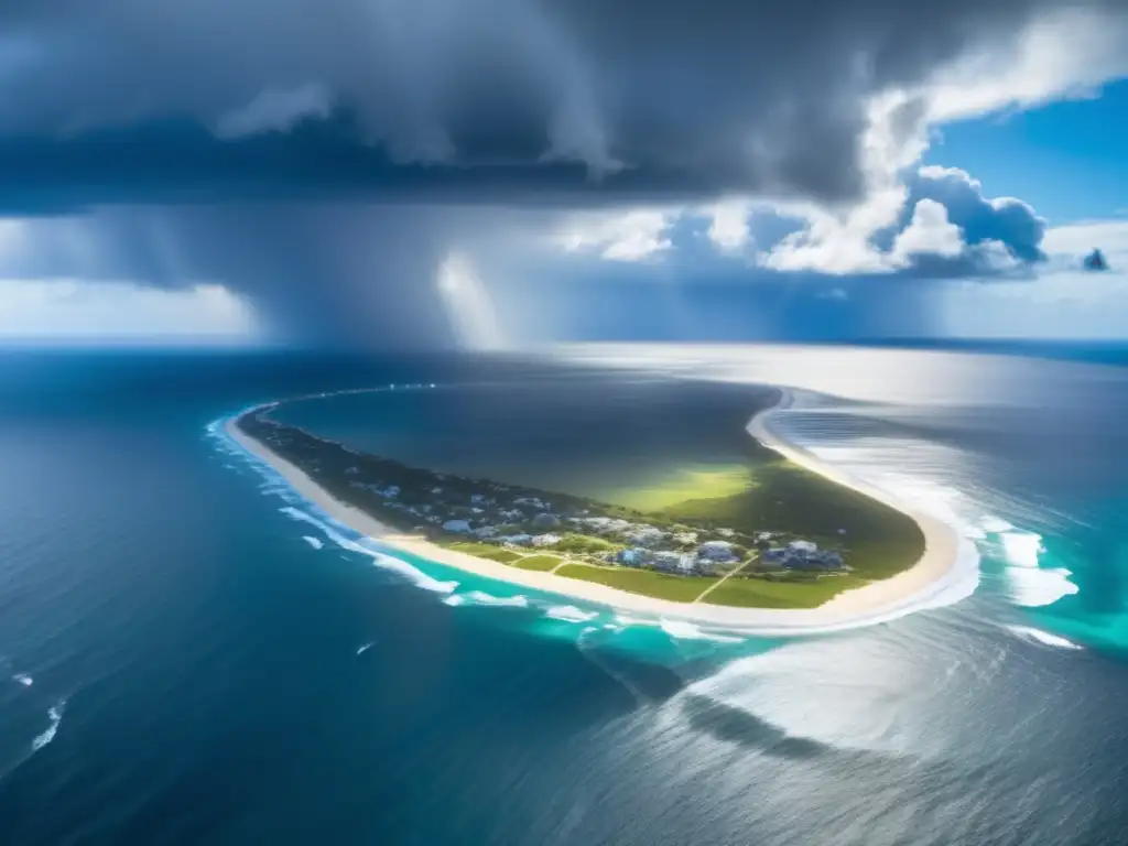 A dramatic, cinematic aerial view of the Atlantic Ocean during a hurricane, with bright sunbeams contrasting with the looming dark clouds and distant torrential rain