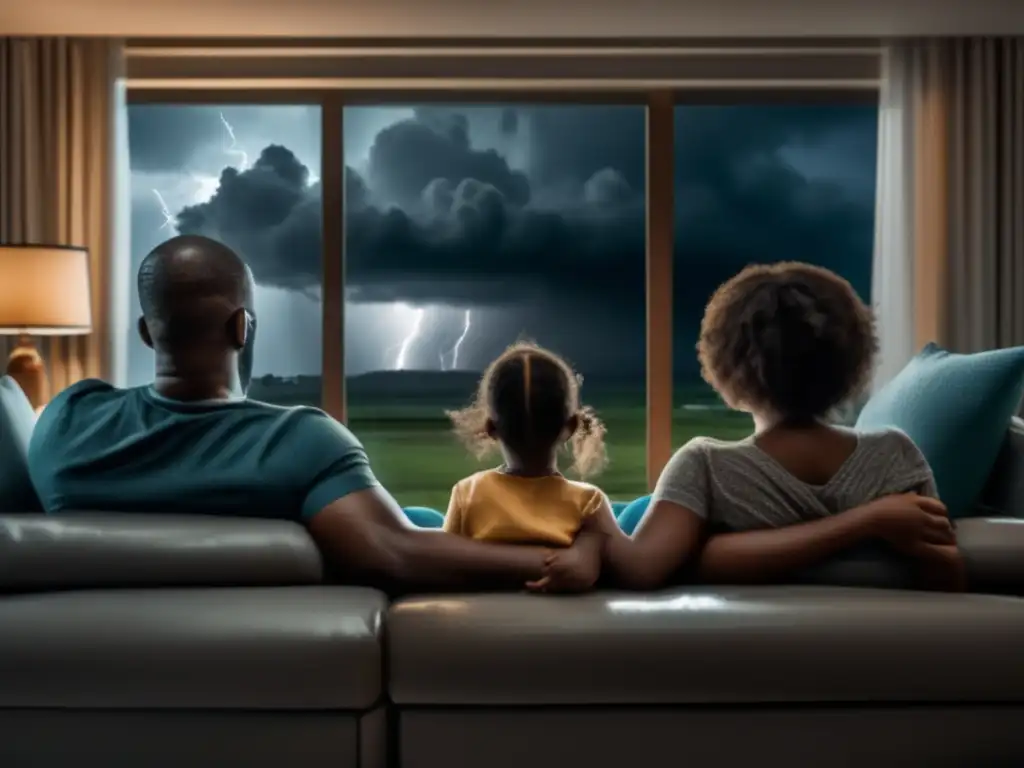 A family braces for the impending hurricane as they sit together in a cozy living room, holding hands while watching the news