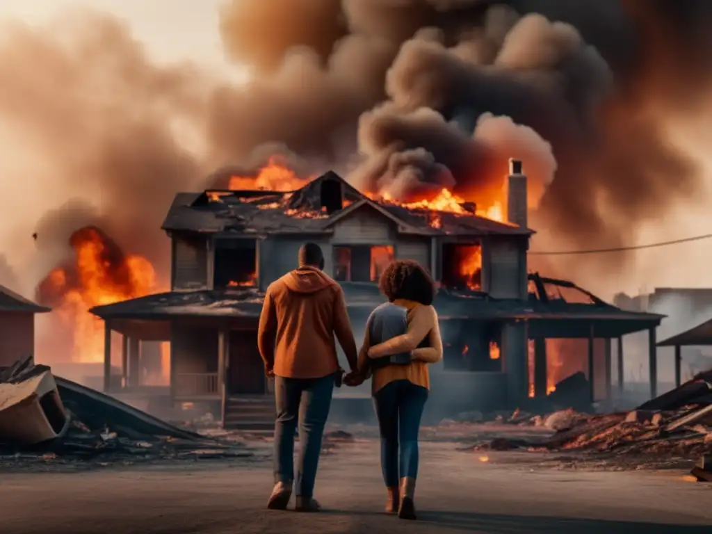 A heartwarming family stands strong amidst the destruction, their arms wrapped tight as they look determined to rebuild their home