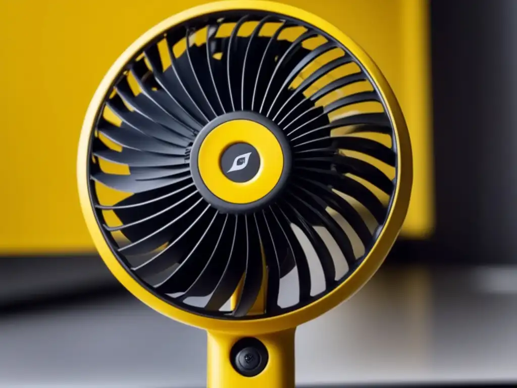 Decorative and efficient handheld fan with yellow and black color scheme, generating streaming air flow from blurry background