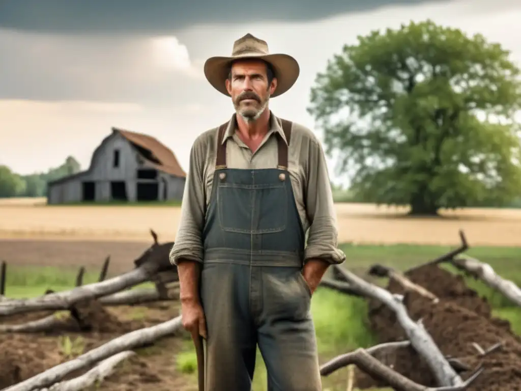 A determined farmer stands in a ruined, overgrown field surrounded by split-branch trees