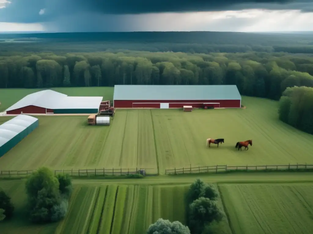 Peaceful farm surrounded by tall trees, awaiting the storm