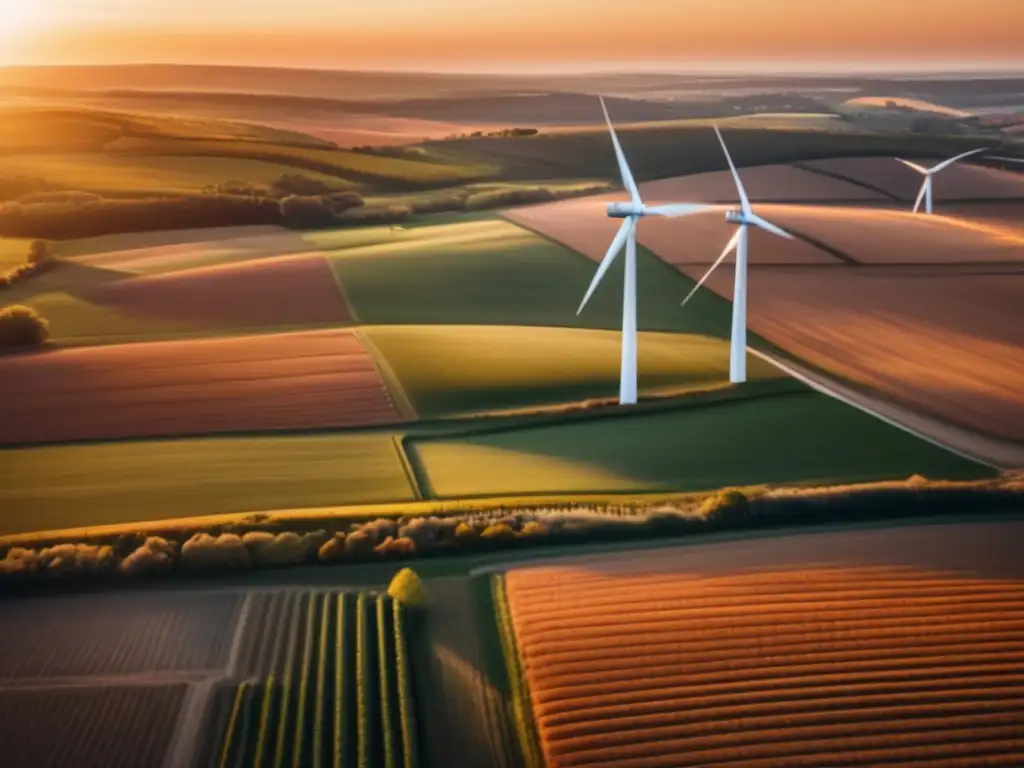 In this stunning aerial view, the farm transforms into a sea of wind turbines with the sun setting in the background, casting a warm orange glow