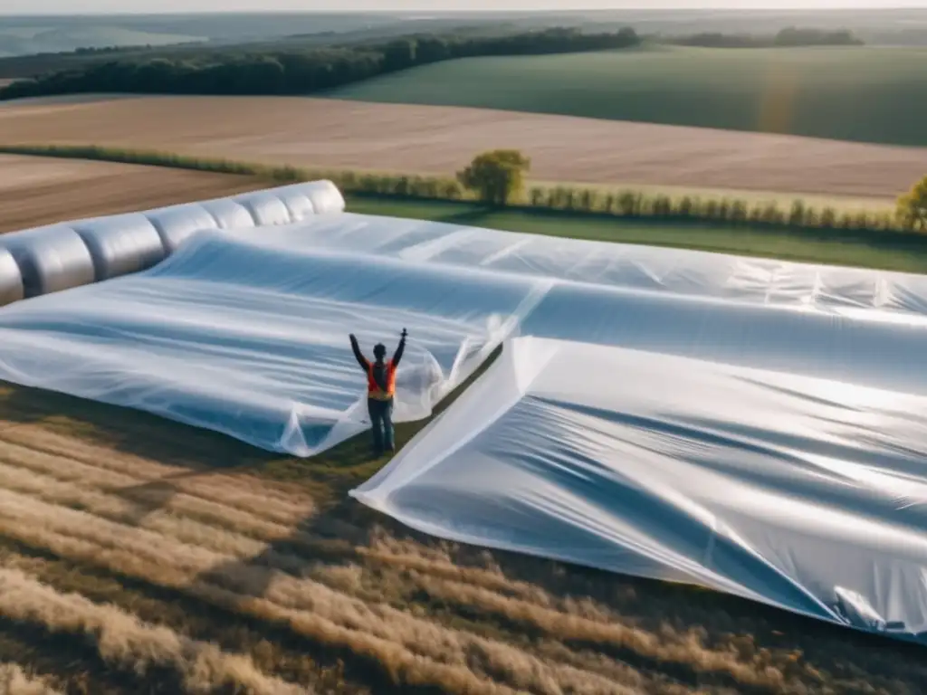 A person standing amidst colorful plastic sheeting in a field, gesturing towards each one, as a drone captures a stunning birdseye view