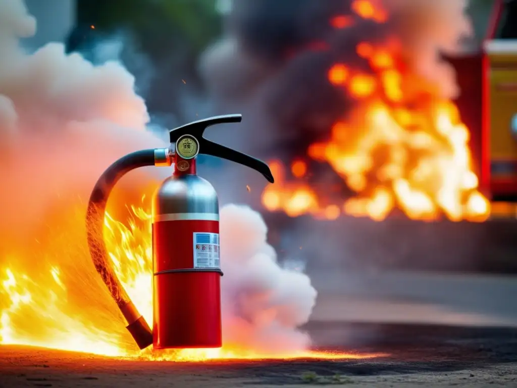 A dramatic image of a fire extinguisher fighting a raging blaze, with prompt firefighters in the background