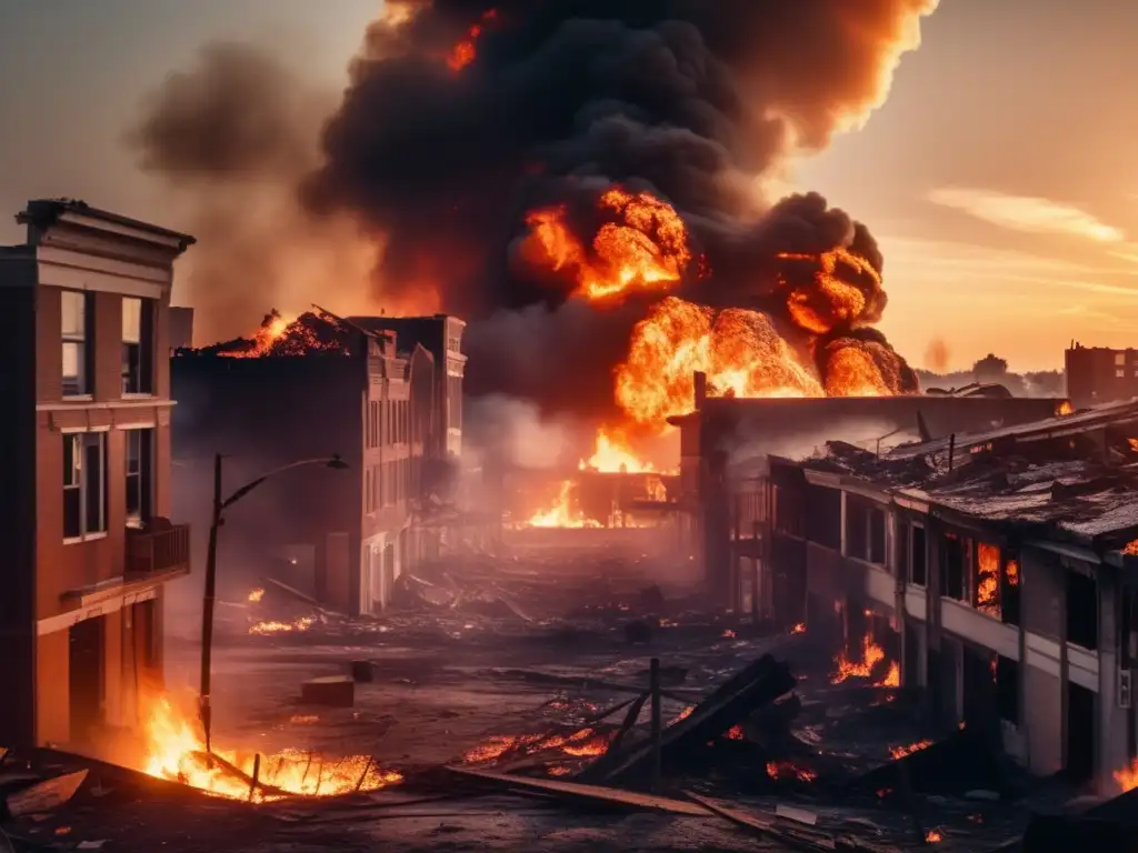 A cinematic image of a devastating fire scene, with burning buildings, smoke, debris flying through the air