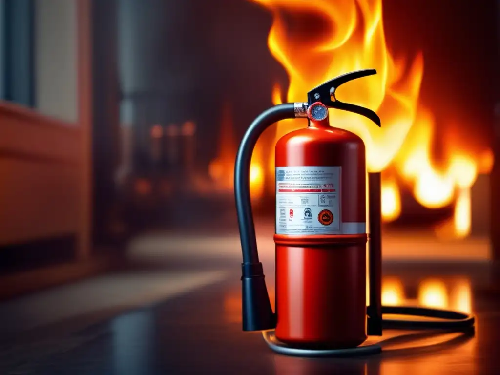 A closeup view of a fiery extinguisher, overflowing with water through its siphon tube, amidst the warm orange flames of a blazing fire