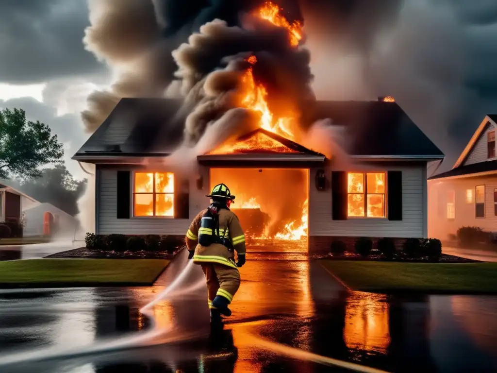 Dashing firefighter bravely enters burning house during hurricane, hose blasts water as flames swallow structure whole