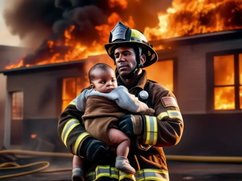 A firefighter heroically rescues an infant from a burning building, the child's face a mixture of tears and relief as they're held tightly in the firefighter's arms