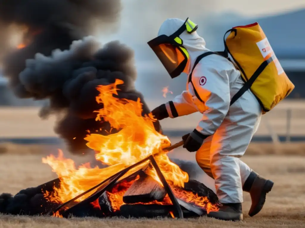 Amidst the darkness, a person in protective gear stands steadfast, testing the flames' resistance with fire-resistant bags