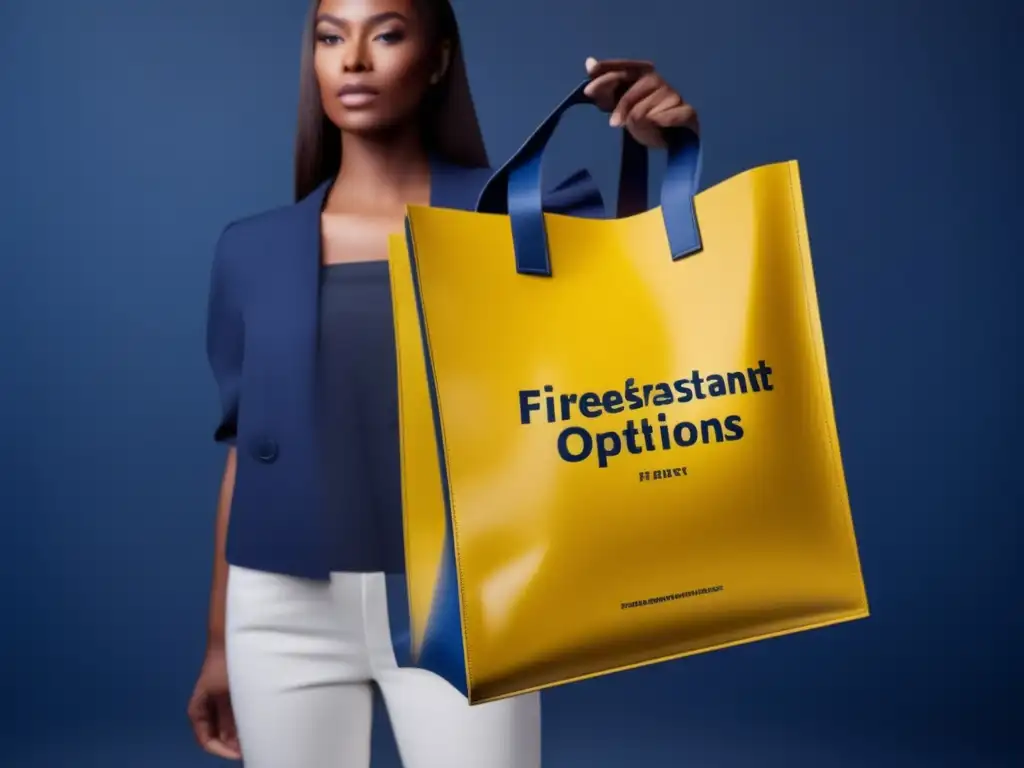 A woman confidently holds a bright yellow document bag with 'FireResistant Document Bags Options in the Market' printed in bold white letters