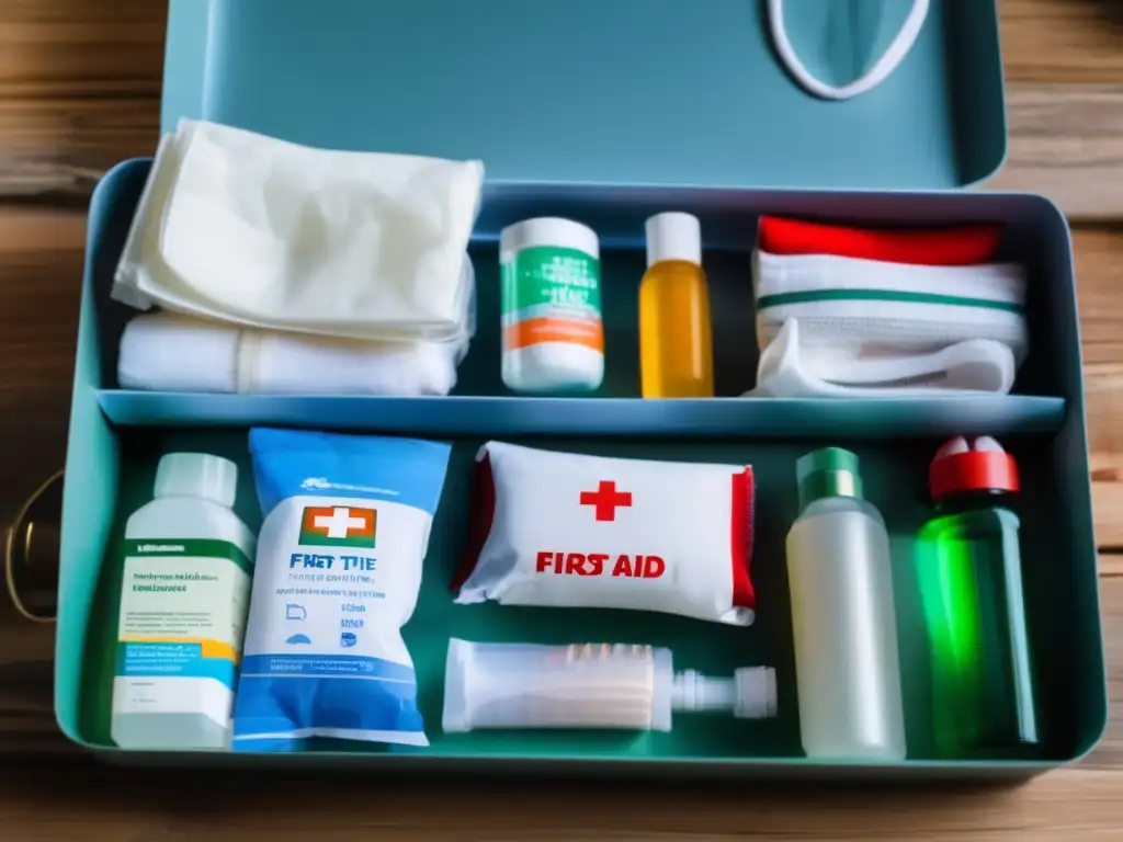 Dash: - A reassuringly-stocked first aid kit, meticulously arranged on a wooden table, includes vital supplies such as sterile gauze pads, adhesive bandages, antibiotic ointment, and pain medication