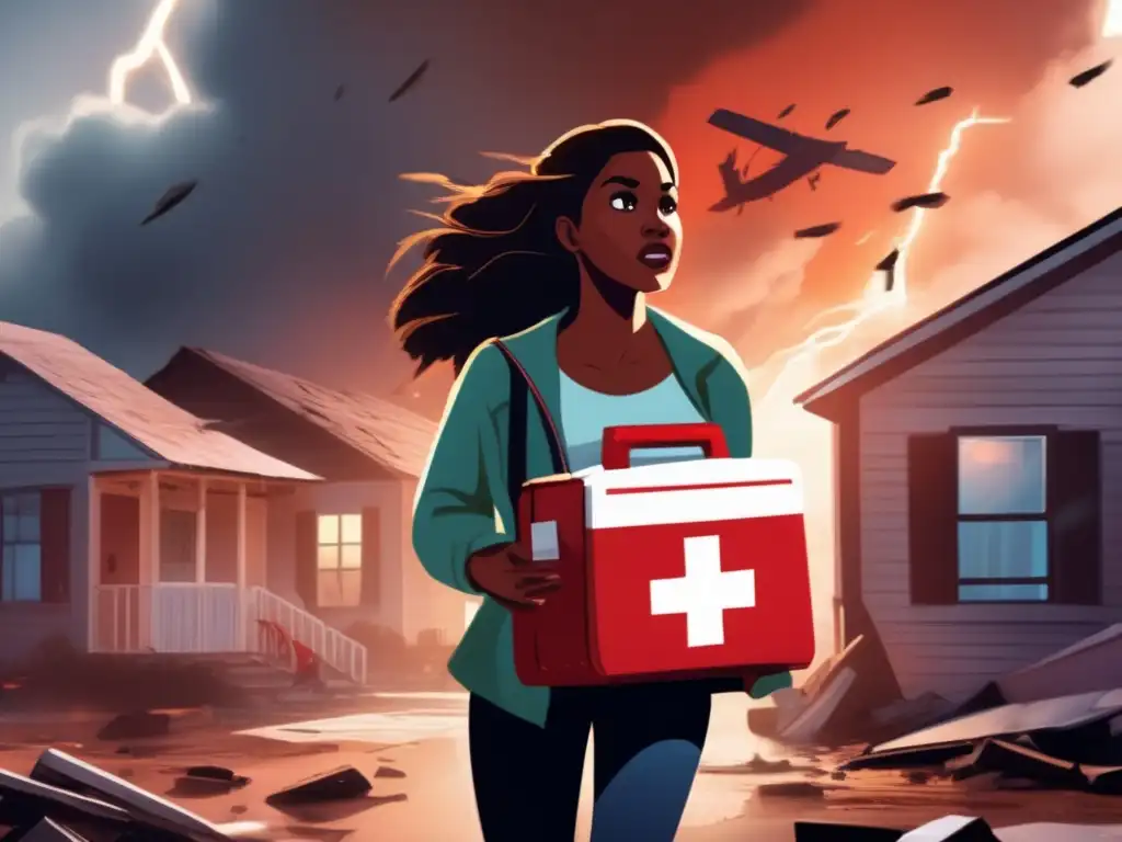 A woman bravely stands before a torn home during a hurricane, clutching a first aid kit tightly