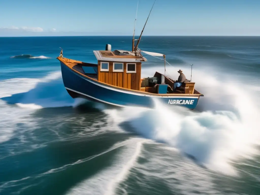 A striking view of a fishing boat bravely battling the waves, with a clear blue sky overhead and a small cabin on board