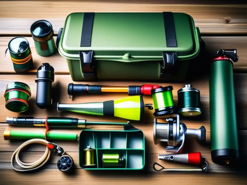 A complete and practical fishing kit lies on a wooden table, full of necessary items for an emergency trip