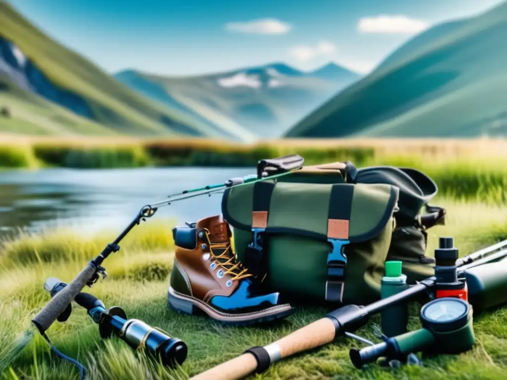 Cinematic image of an organized fishing kit laid out on a grassy field, with angler's boots and fishing rod resting beside it