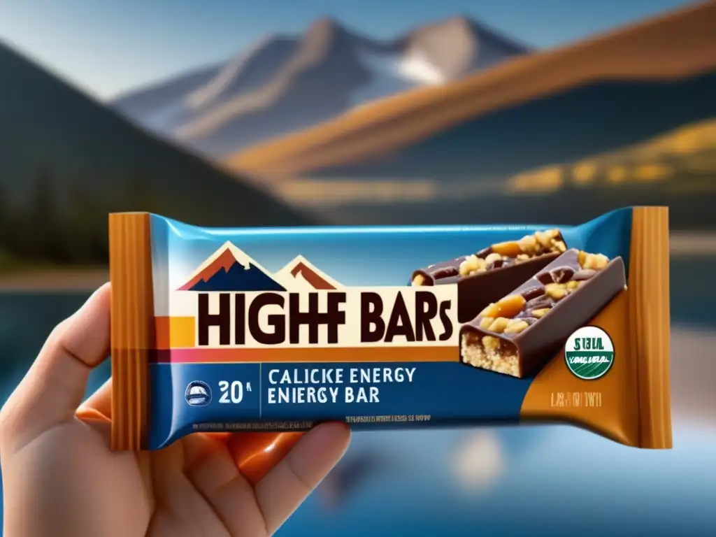 A highresolution, ultradetailed image of a hand holding a bar of highcalorie energy bars in front of a mirror reflecting a fit and healthy body type