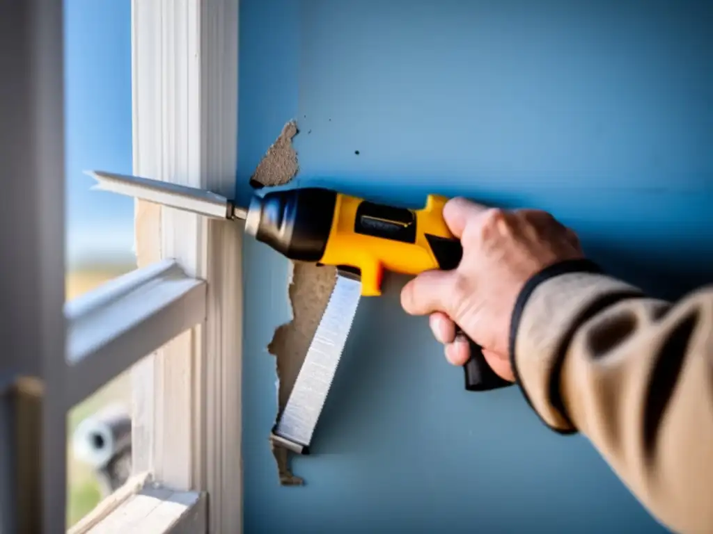 A repairer's hands, holding a screwdriver and duct tape, tirelessly work to seal a gaping hole in a window, surrounded by debris and shadows