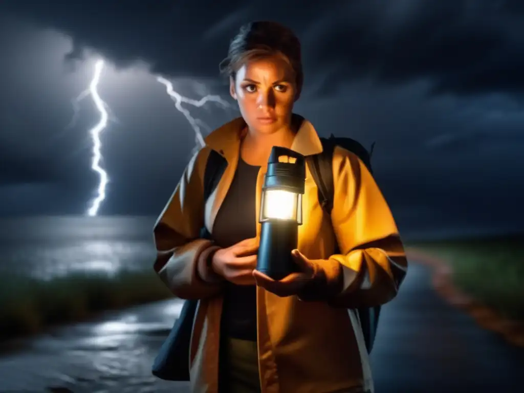 A person glows in the dim light of a flashlight, clutching a hurricane kit tightly as a stormy sky looms in the distance