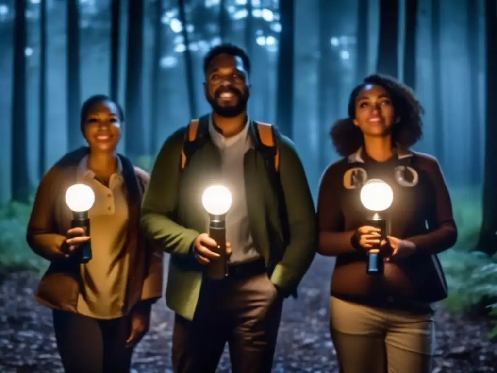 Three diverse individuals bravely face the night's darkness with flashlights in hand