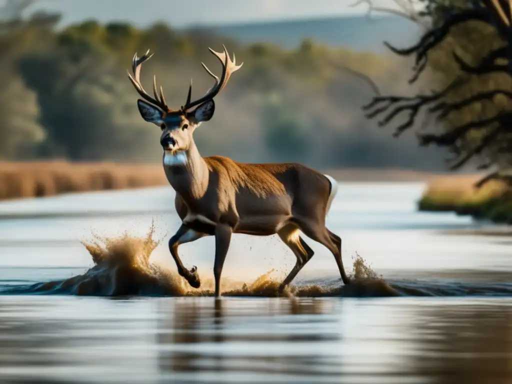 A majestic deer cautiously crosses a flooded river, its hooves sinking into the muddy water