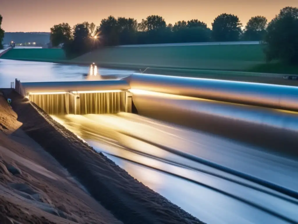 An intricate flood barrier system being built on a riverside, showcasing heavy machinery, construction workers, and piping