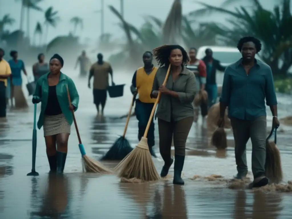 A post-hurricane scene of determination, with a group of people standing in a flooded area, holding mops and brooms to clean up the debris left behind