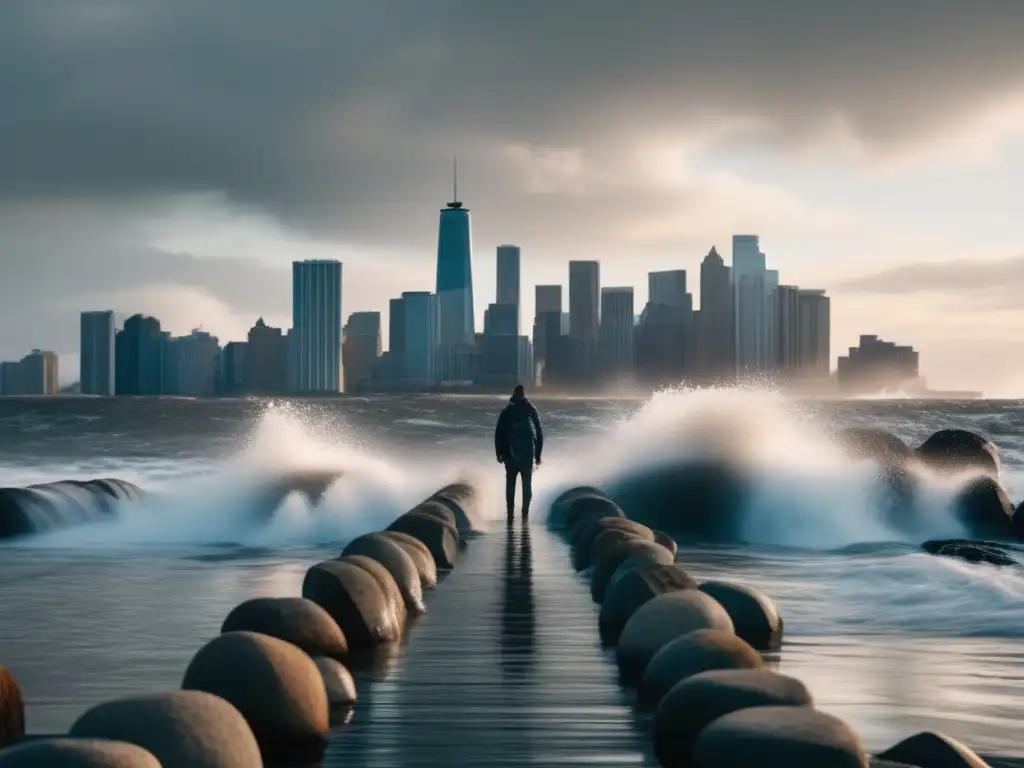 A haunting image of a man standing on a pier as water rushes up, flooding it rapidly