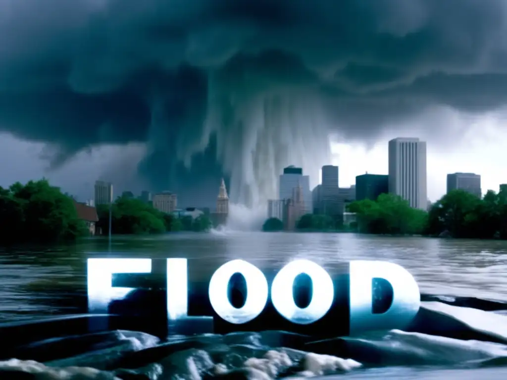 Flood' film title card: A haunting aerial shot of a city drowning in water and destruction, from storm clouds to small rooms