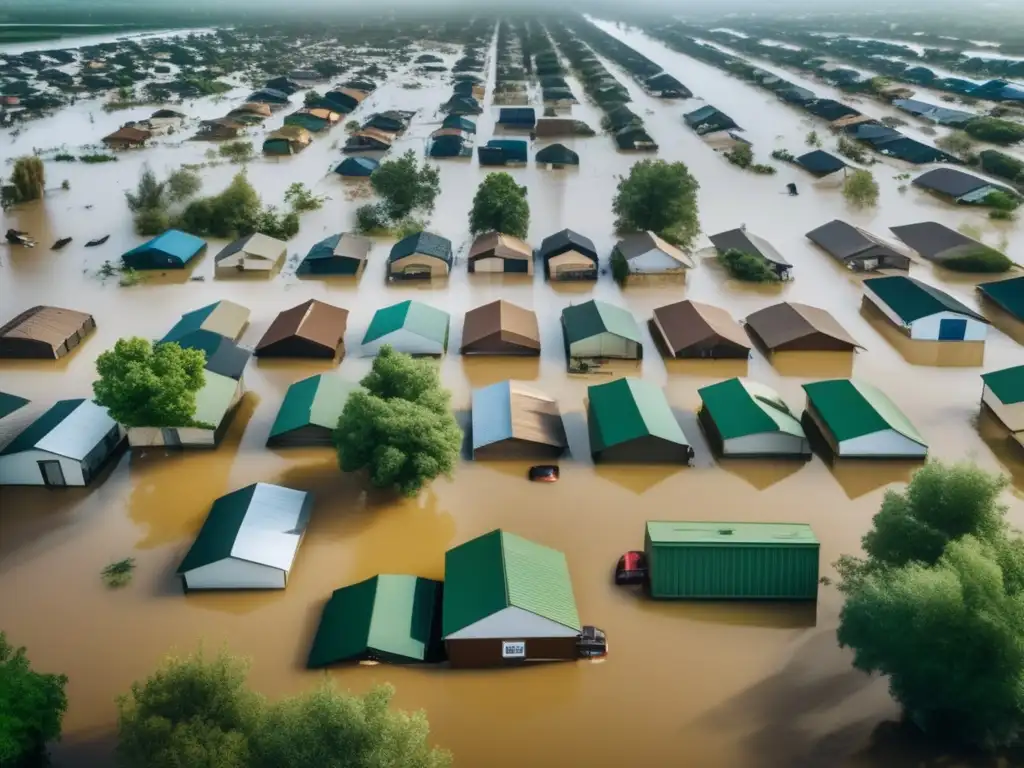 Devastated world: Aerial view of completely submerged cars, storage containers, and houses