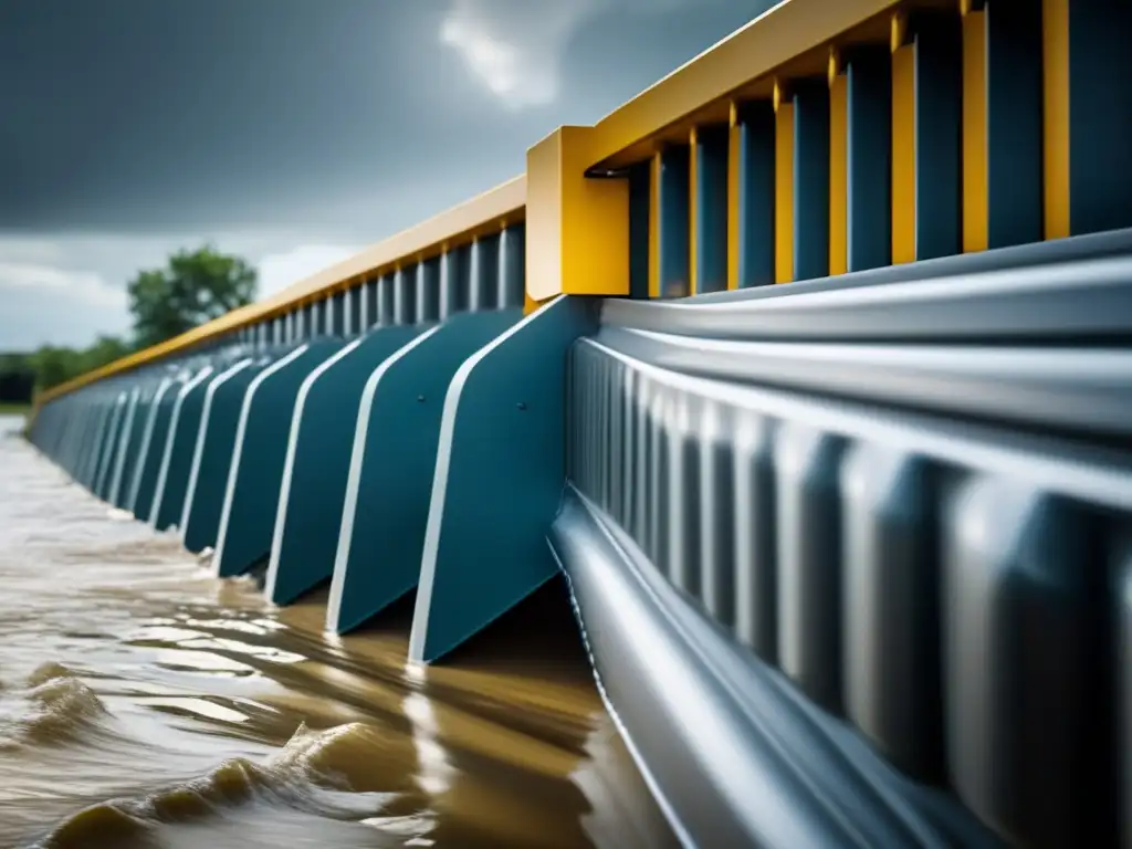 A powerful and captivating closeup of a flood barrier system in action