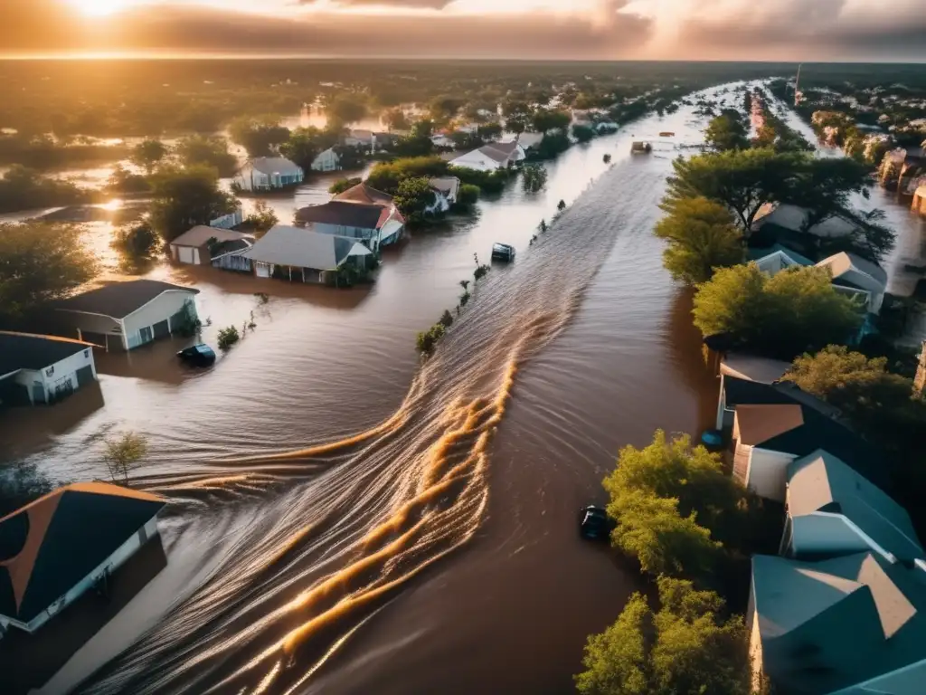 Amidst the chaos of a hurricane, the cityscape lies flooded