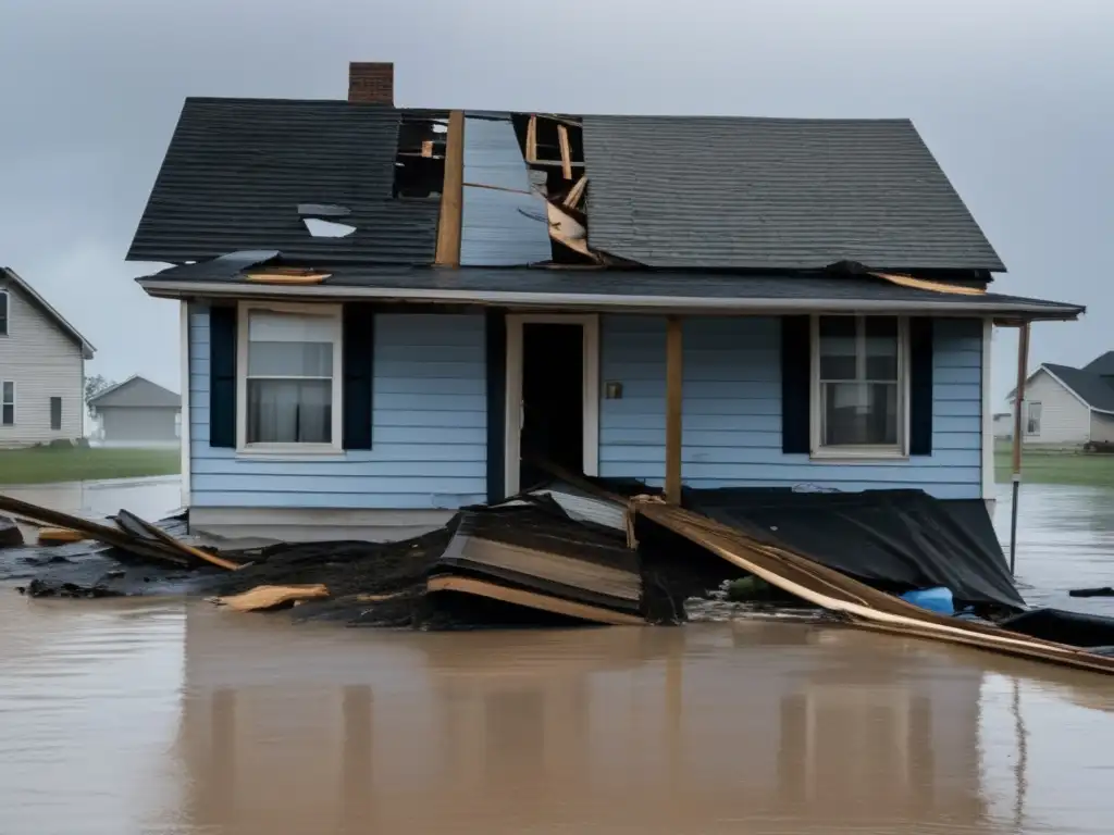 Devastating flood damages home, leaving stark green grass and debris scattered