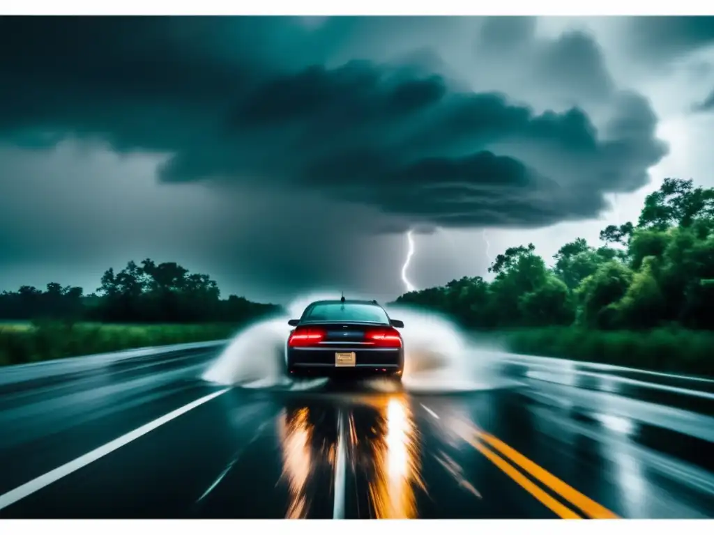 Amidst the chaos of a hurricane, a lone car drives through a flooded highway