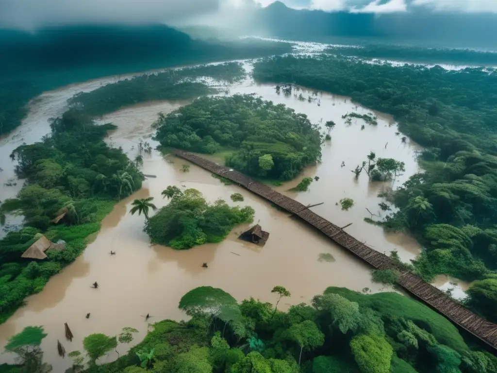 Breathtaking aerial view of a flooded forest town, surrounded by swirling clouds, a vibrant landscape, and a devastated downtown