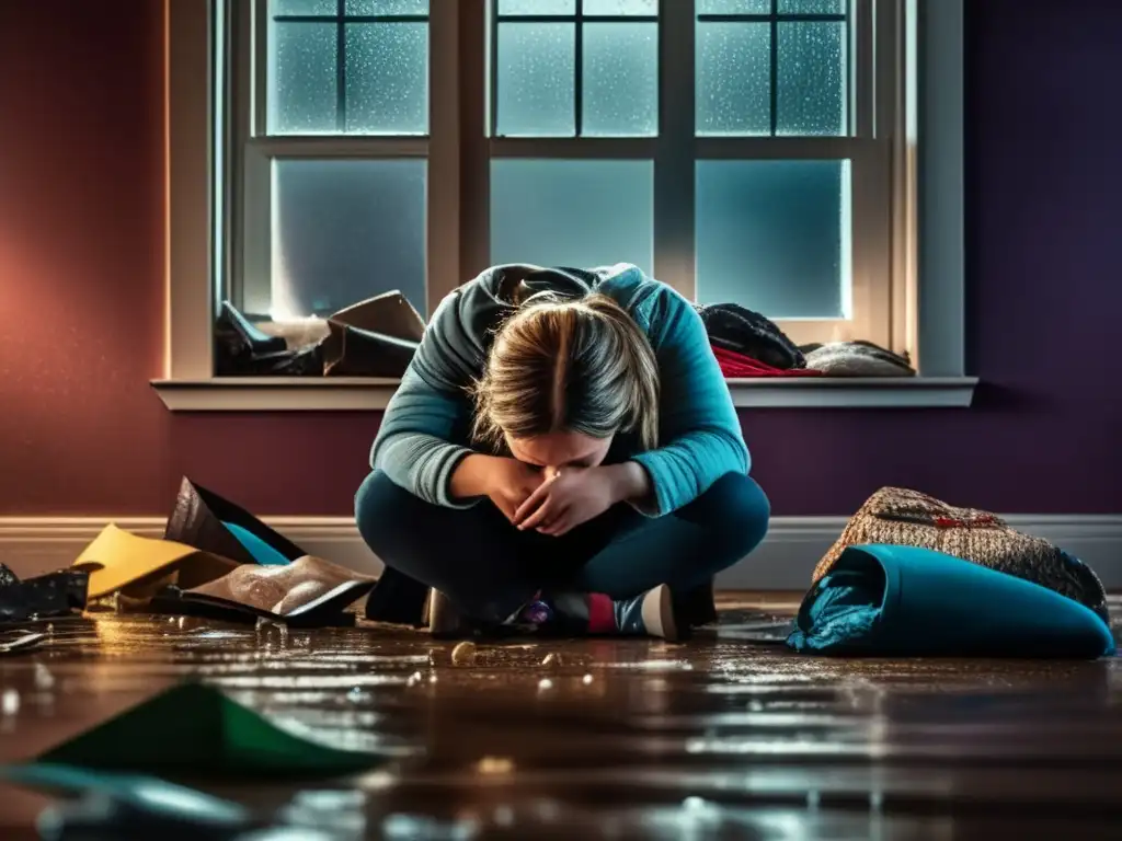 A heart-wrenching closeup of a person sifting through wreckage amidst torrential rain, with a overwhelmed and frustrated expression, conveying the devastation of hurricane damage