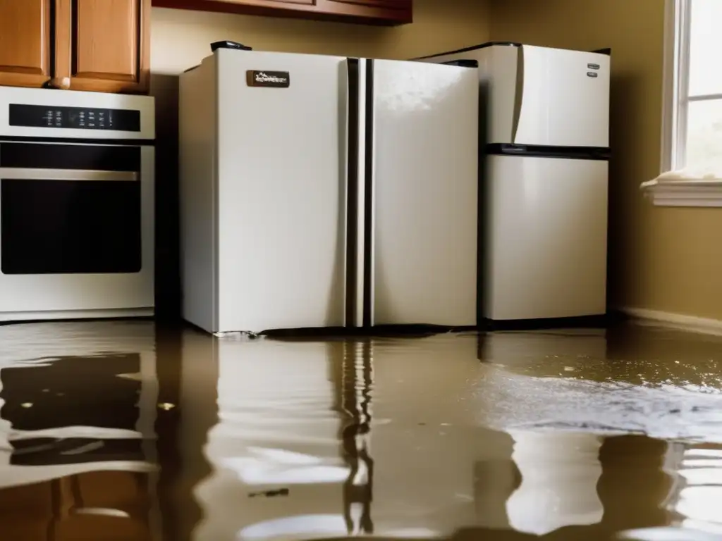 A closeup of a *destroyed refrigerator* in (*Hurricane*'s aftermath), with visible damage to its figure and components