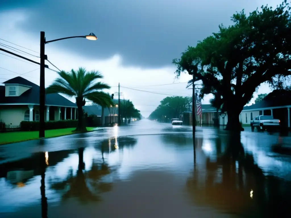 A haunting image of floodwaters engulfing a street in New Orleans following Hurricane Katrina in 2006