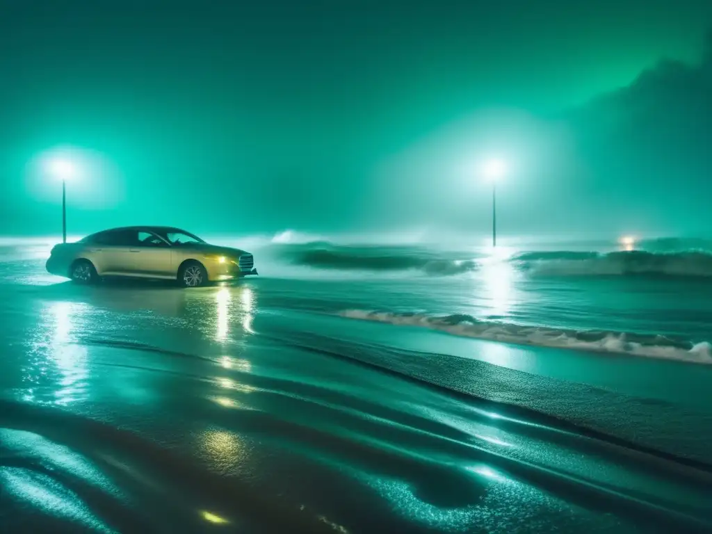 A cinematic image captures the chaos of a Hurricane, as the ocean water covers up a flooded beach parking lot