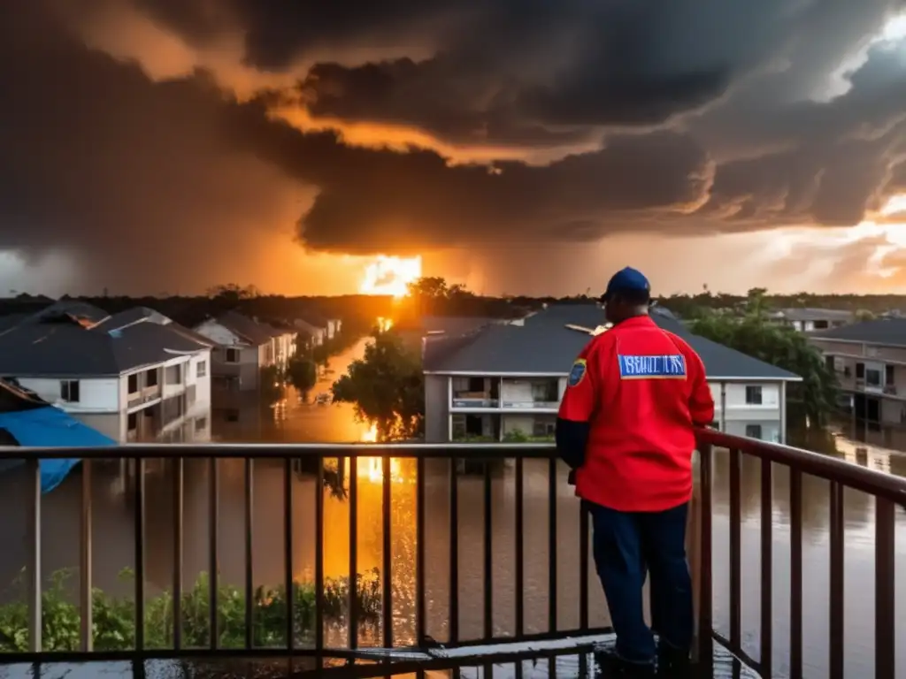 People standing on flooded balcony of destroyed apartment, gazing out towards devestated streets